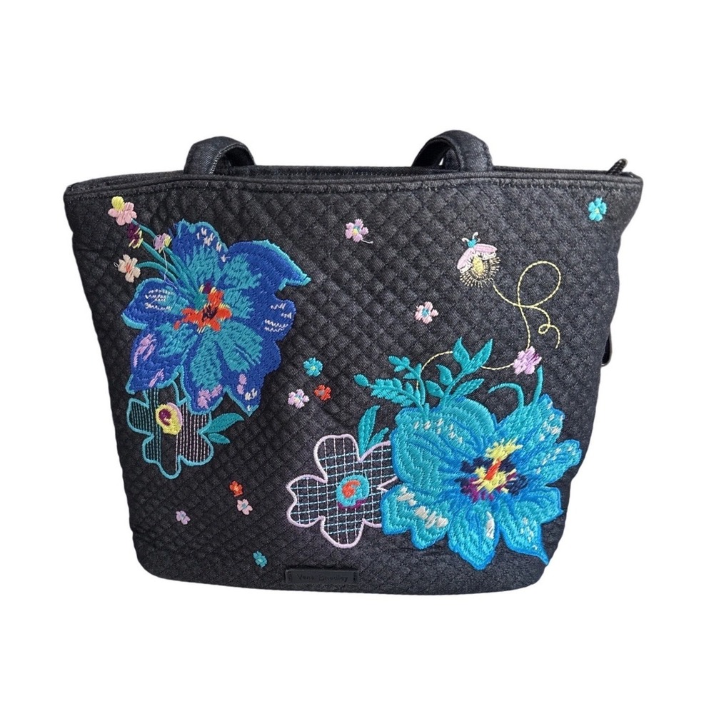 Vera Bradley Black Quilted Tote with Blue Floral Embroidery